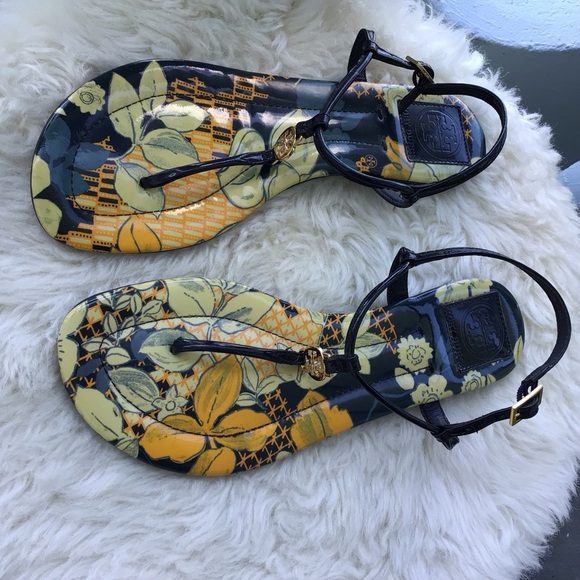 Tory Burch Signature Leather Printed Ankle Strap Thong Sandals Flats - Picture 8 of 9